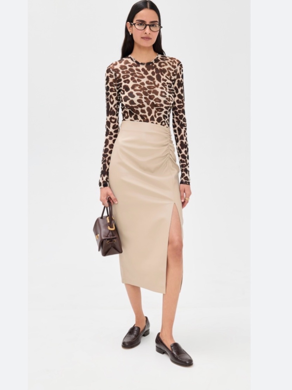 Louisa Faux Leather Ruched Midi Skirt